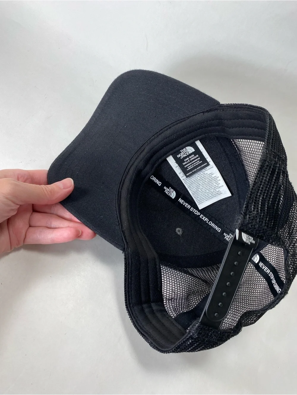 The North Face Grey & Black Patch Trucker Hat with Blue Accent Snap Back Unisex